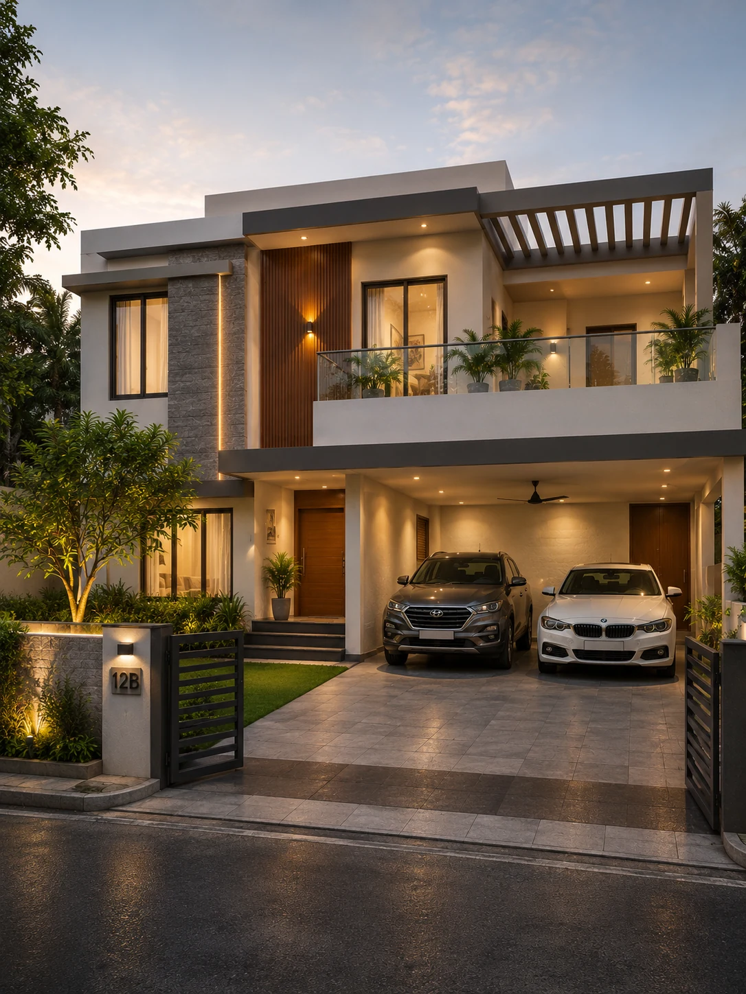 Contemporary villa concept showing a covered entrance and two-storey façade
