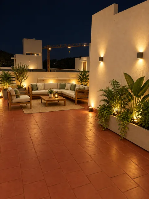 AI-generated furnished night concept for the Property 1 back terrace