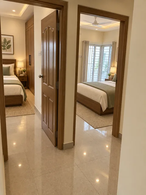 AI-generated finished bedroom-corridor concept for Property 1