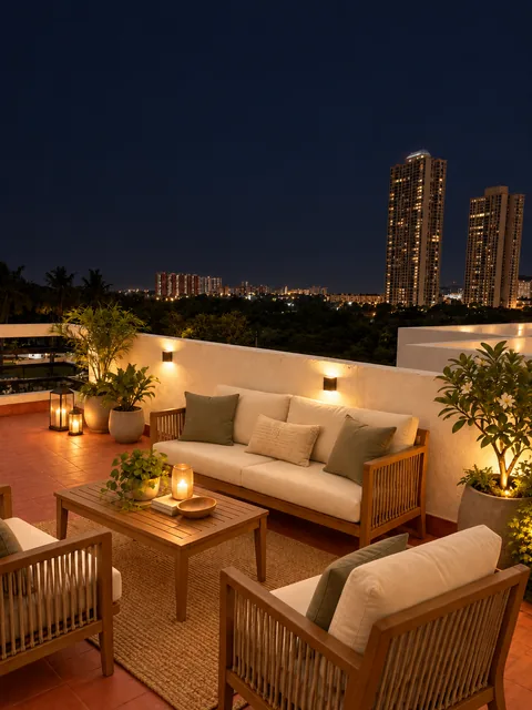 AI-generated furnished night concept for the Property 1 front terrace
