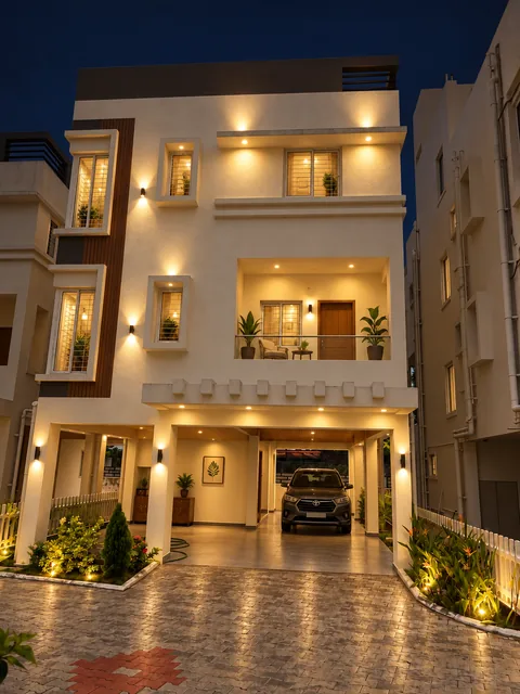 AI-generated furnished night concept of Property 1 villa exterior